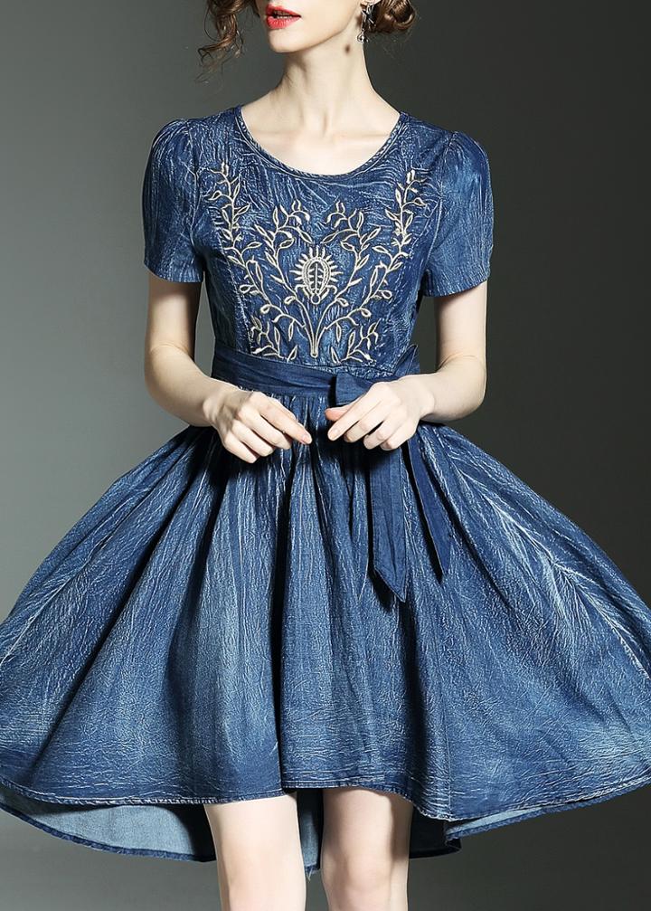 Shein Trees Embroidered Denim High Low Dress