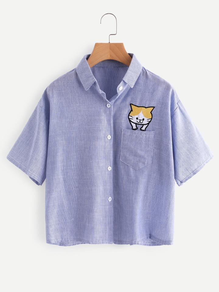 Shein Cat Embroidery Vertical Striped Shirt