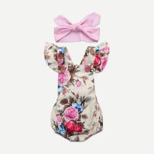 Shein Girls Ruffle Trim Floral Print Romper With Headband