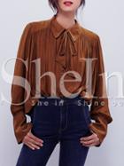 Shein Brown Long Sleeve Lapel Pleated Blouse
