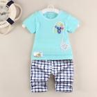 Shein Toddler Boys Cartoon And Letter Print Top & Plaid Shorts