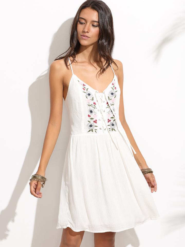 Shein White Spaghetti Strap Embroidered Criss Cross Back Dress