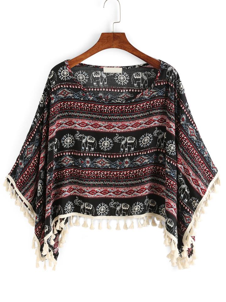 Shein Aztec Print Fringe Black Red Shirt