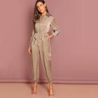 Shein Zip Up Belted Pocket Collar Jumpsuit