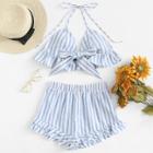 Shein Knot Front Striped Halter Top & Tiered Hem Shorts Set
