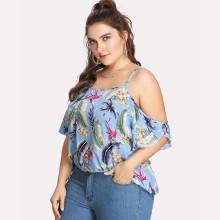 Shein Plus Tropical Print Cold Shoulder Top