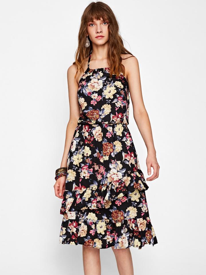 Shein All Over Florals Frill Hem Halter Dress