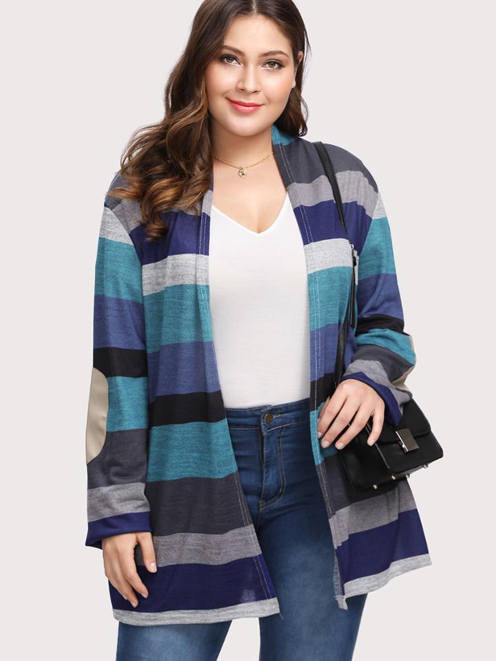 Shein Multi Wide Stripe Elbow Patch Cardigan