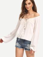 Shein White Off The Shoulder Embroidered Long Sleeve Blouse