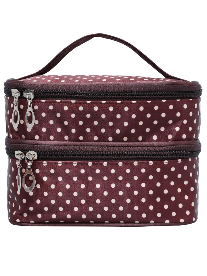 Shein Coffee Polka Dot Double Layers Cosmetic Bag