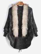 Shein Black Faux Fur Collar Lace Up Back Sweater Coat