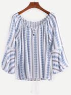 Shein Tassel Lace-up Neck Tribal Print Blouse - Blue
