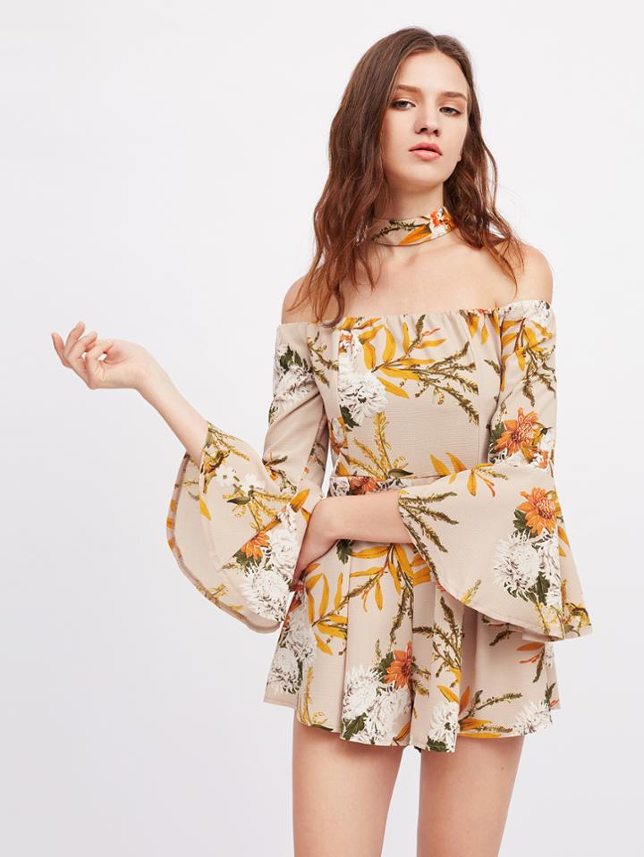 Shein Halterneck Bell Sleeve Zipper Back Ruffle Playsuit