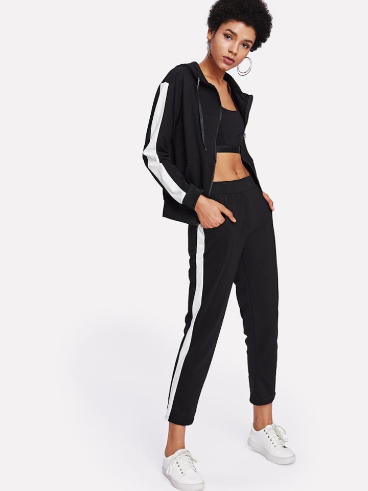 Shein Stripe Contrast Side Zip Hooded Jacket And Pants