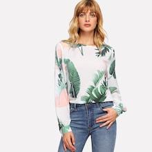 Shein Keyhole Back Tropical Print Blouse
