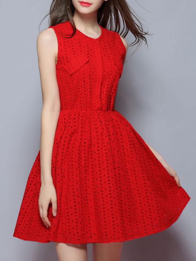 Shein Red Crew Neck Eyelet A-line Dress