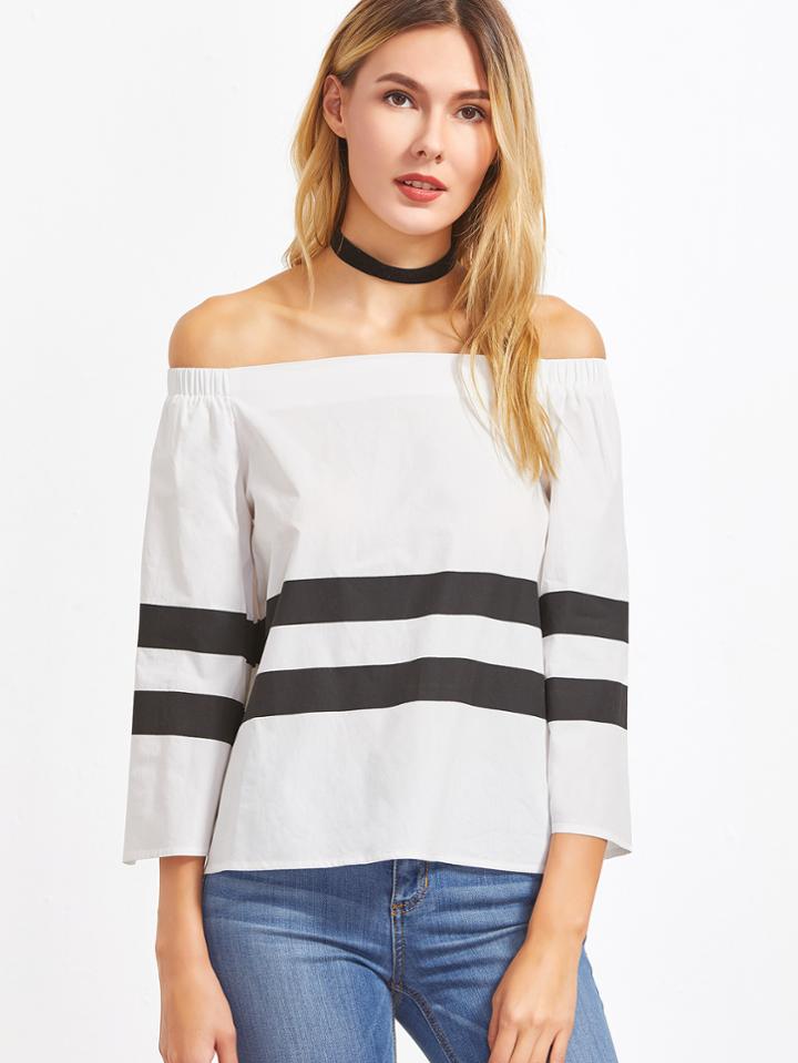 Shein White Kimono Sleeve Off The Shoulder Striped Top