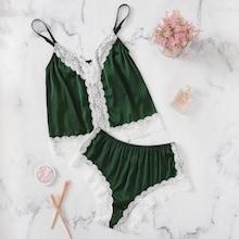 Shein Contrast Lace Scalloped Trim Satin Cami Top & Panty