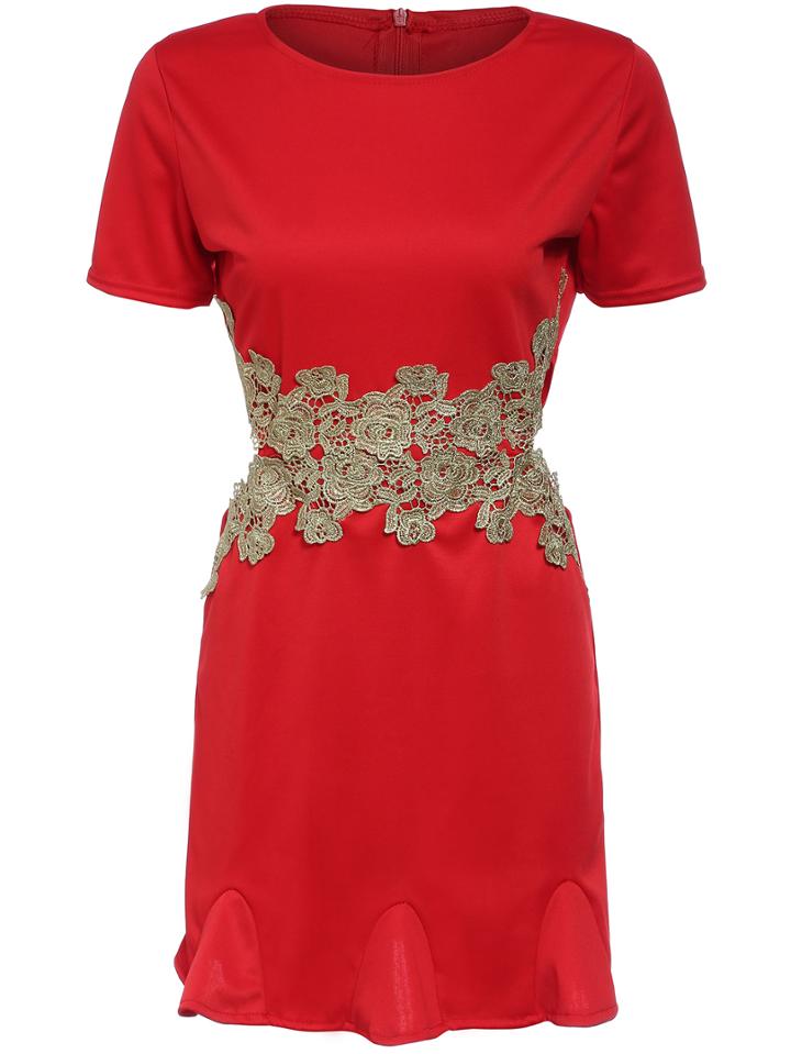 Shein Red Round Neck Ruffle Hem Lace Patch Dress