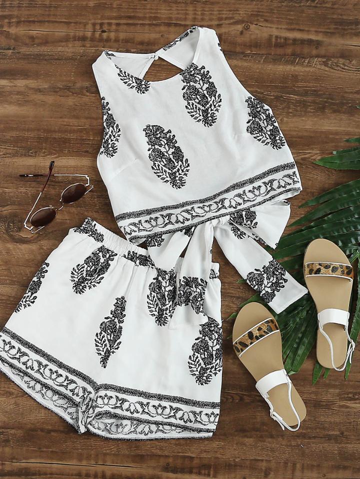 Shein Leaf Printed Bow Open Back Tank Top With Shorts