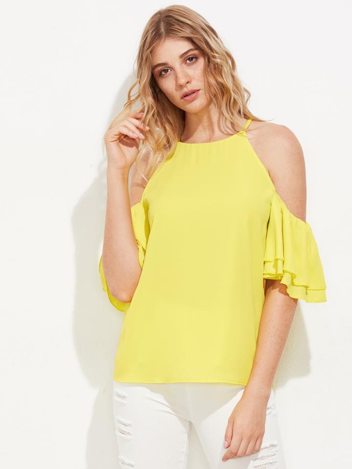 Shein Open Shoulder Layered Flutter Sleeve Top