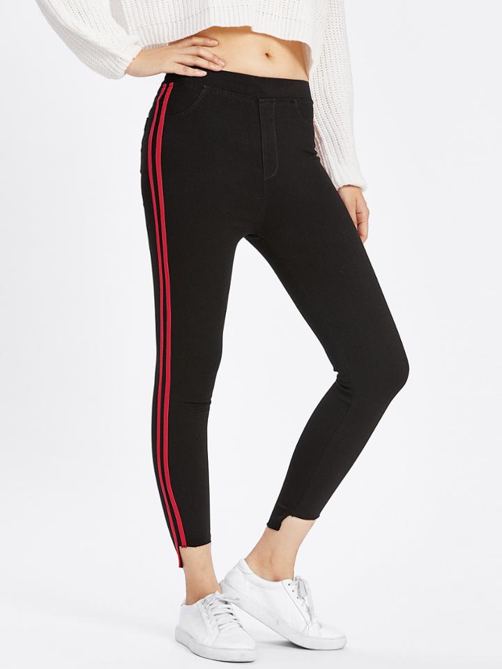 Shein Contrast Stripe Cut Out Hem Jeans