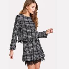 Shein Lace Trim Fringe Detail Tweed Top