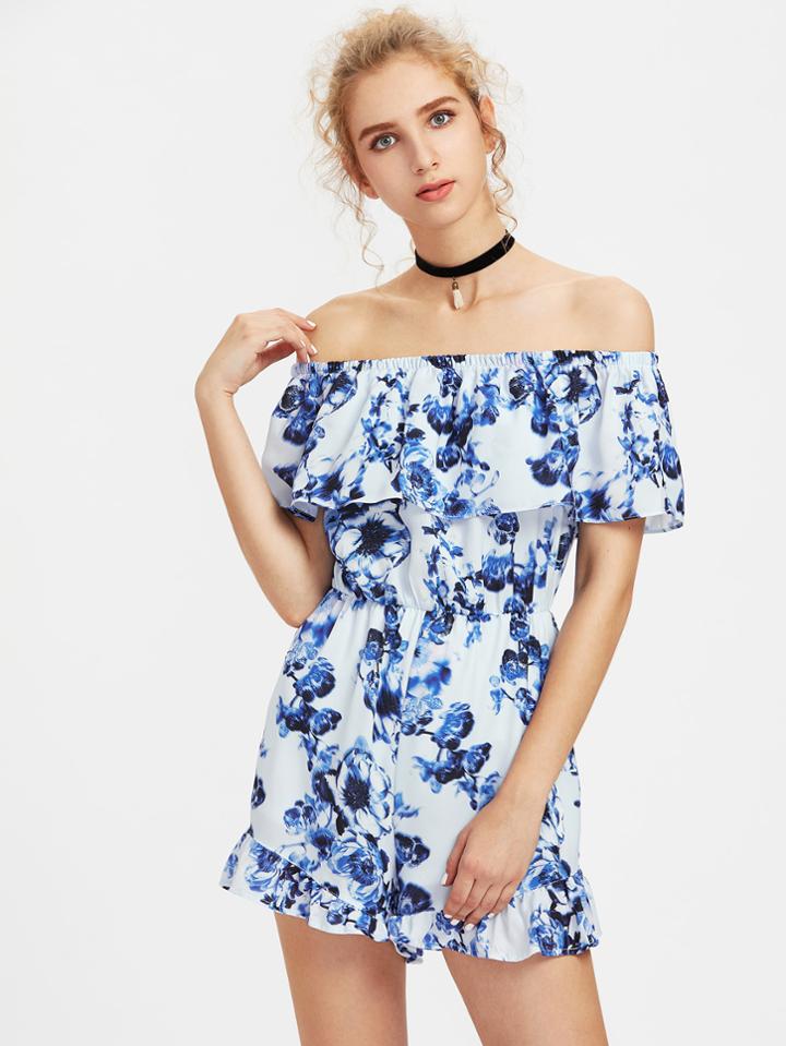 Shein Flounce Layered Neckline Floral Playsuit