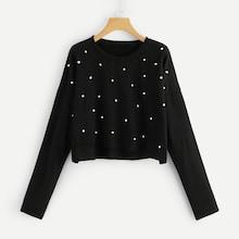 Shein Pearls Beaded Stepped Hem T-shirt