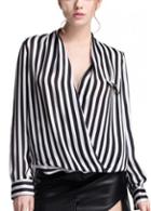 Rosewe Ol Style V Neck High Low Striped Blouse