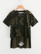 Shein Ripped Slit Side High Low Camo Tee