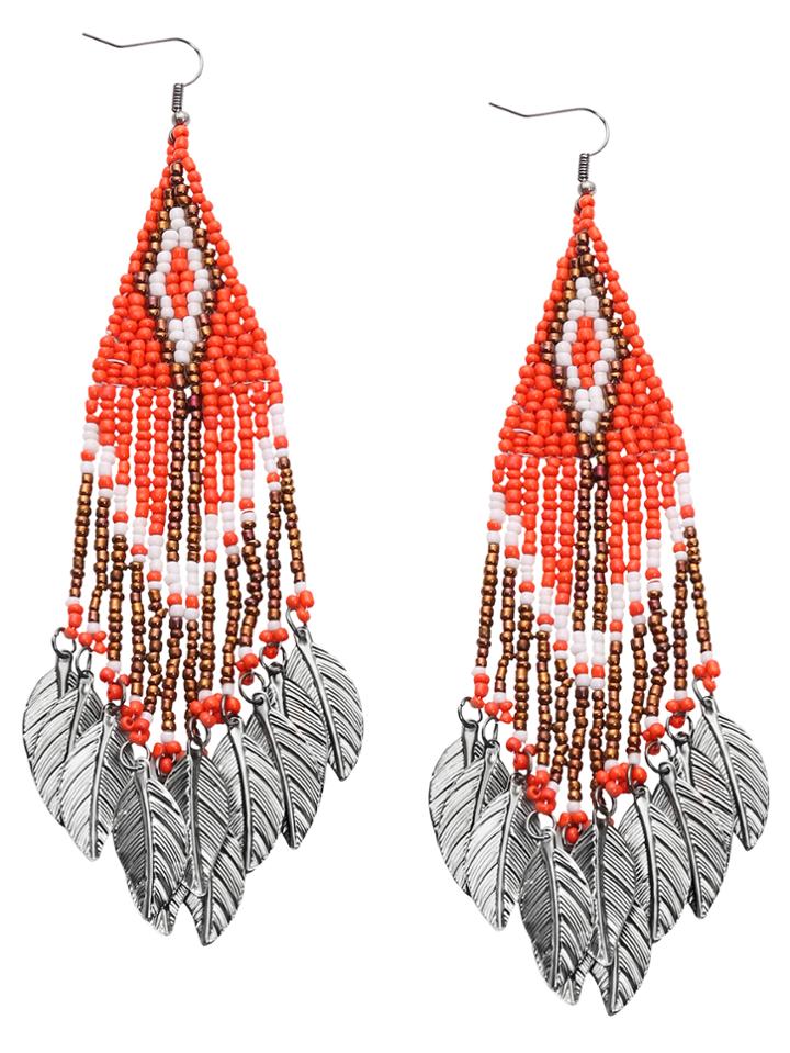 Shein Orange Feather Pendant Beaded Duster Earrings