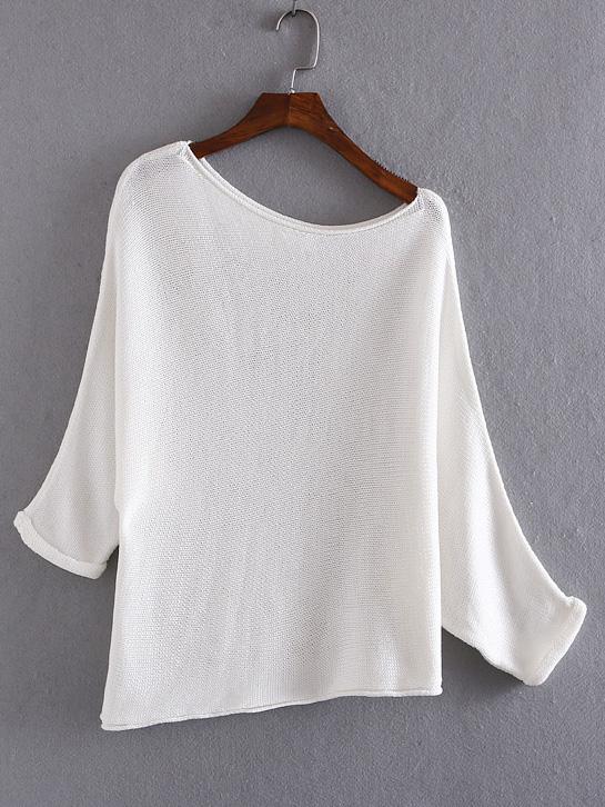 Shein White Shoulder Drop Roll-up Cuff Knit Sweater