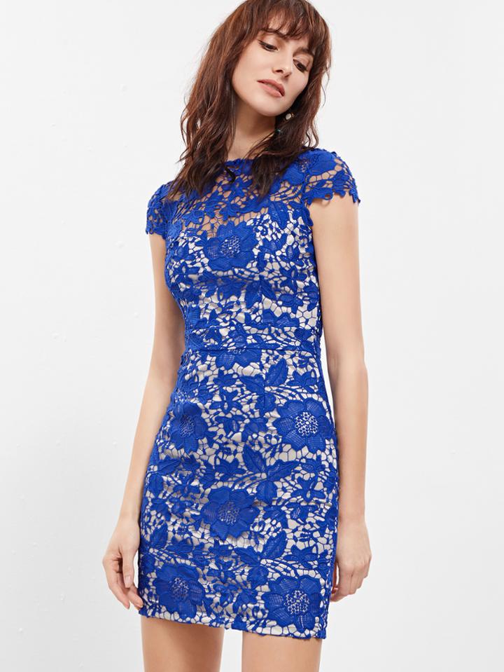 Shein Blue Cap Sleeve Crochet Lace Dress