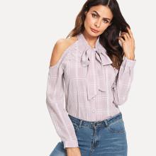 Shein Tartan Plaid Open Shoulder Tie Neck Shirt