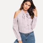 Shein Tartan Plaid Open Shoulder Tie Neck Shirt