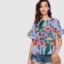 Shein Ruffle Sleeve Floral & Stripe Top