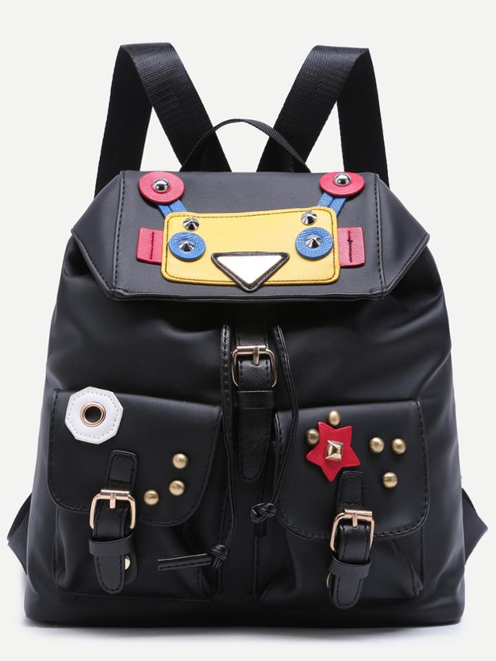 Shein Wacky Robot Double Buckled Pocket Studded Nylon Backpack