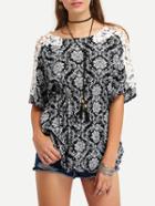 Shein Lace Insert Sleeve Tribal Print Blouse