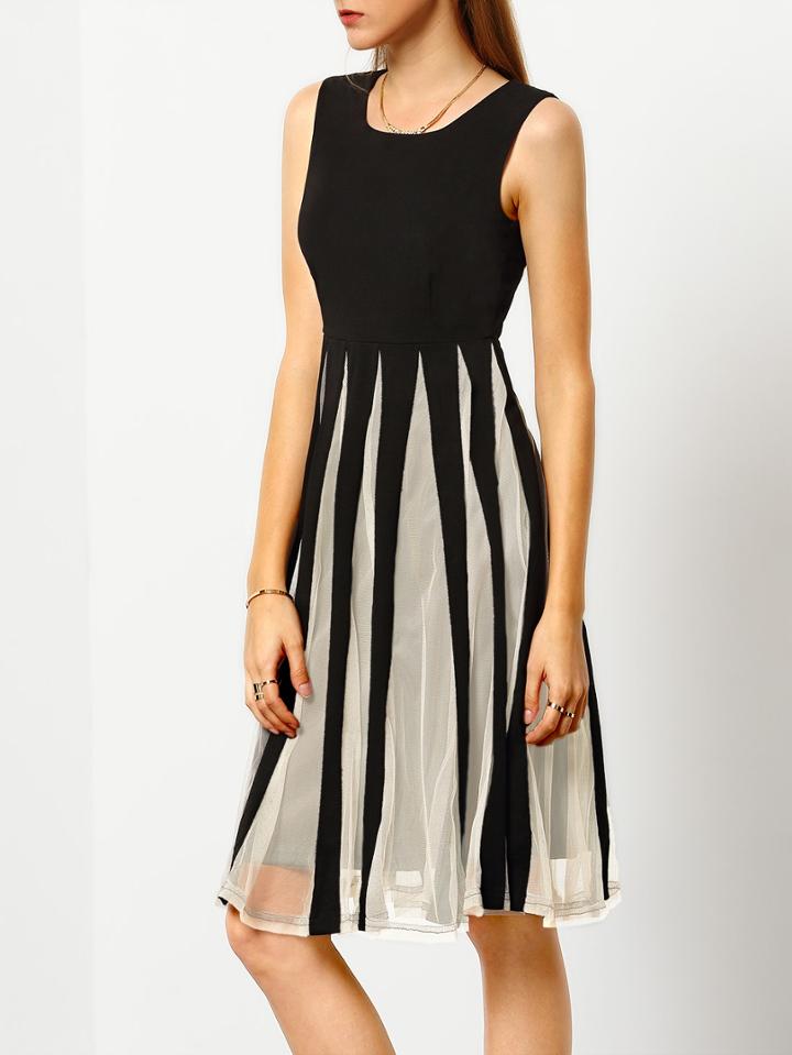 Shein Color-block Coctel Sleeveless Underskirt With Mesh Pleated Dress