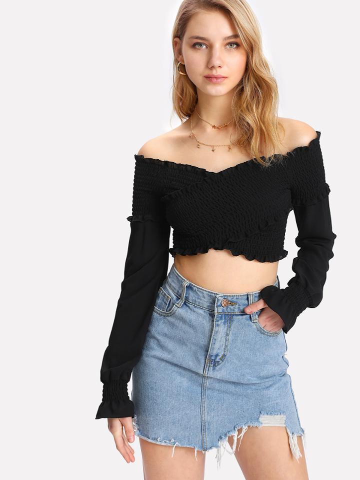Shein Crossover Shirred Bardot Crop Top