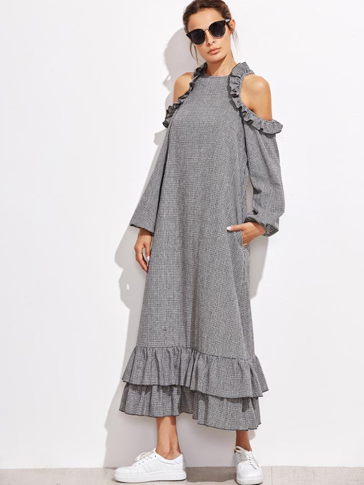 Shein Gingham Open Shoulder Frill Dress