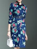 Shein Blue Lapel Rose Print Belted Pockets Dress