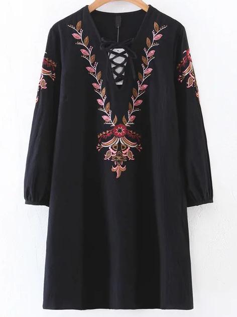 Shein Embroidery Detail Lace Up V Neck Dress