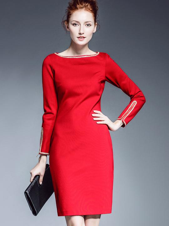 Shein Red Round Neck Long Sleeve Bodycon Dress