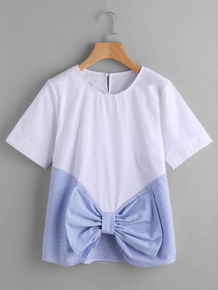 Shein Contrast Striped Bow Front Keyhole Top