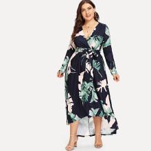 Shein Plus Palm Leaf Print Wrap Dress