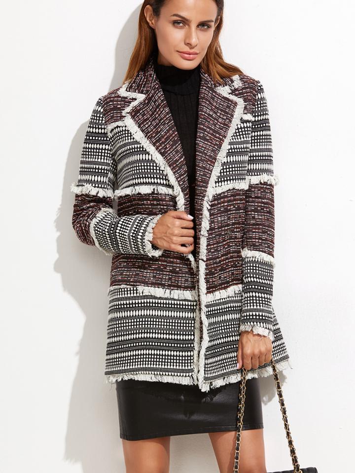 Shein Multicolor Lapel Fringe Detail Coat