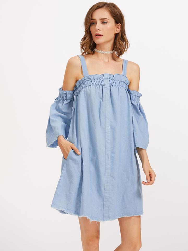 Shein Frill Trim Raw Binding Chambray Dress
