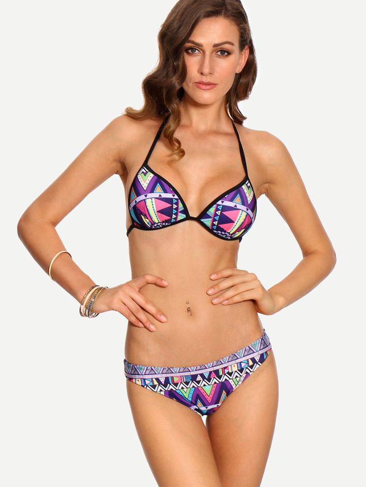Shein Contrast Trim Multicolor Geometric Print Bikini Set
